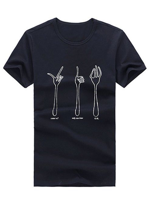 Summer New Round Neck Simple Gesture Printing Short Sleeve Men's T-Shirt - Noir L