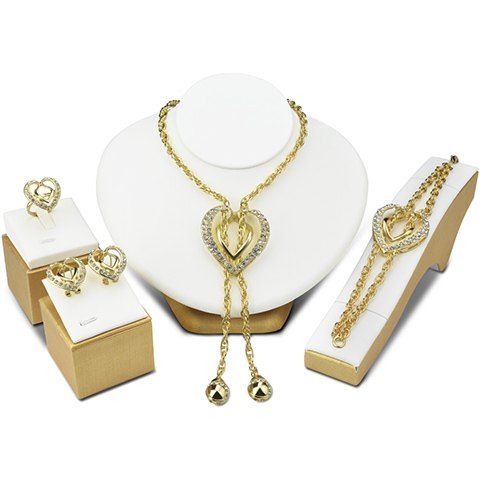 Un costume de magnifiques strass Tassel collier boucles d'oreilles et bracelet bague de coeur pour les femmes - d'or 