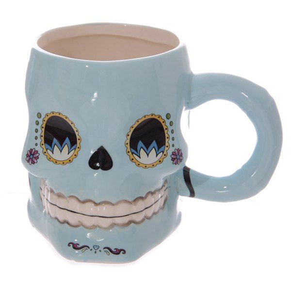 

High Quality Novelty Office Cup 3D Floral Skull Shape Ceramic Mug, Light blue