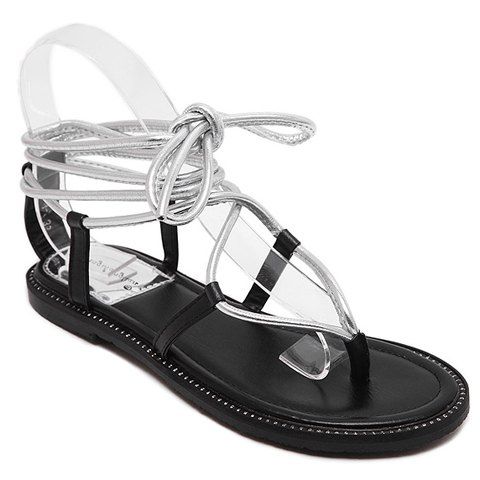 Casual Lace-Up and Flat Heel Design Women's Sandals - Argent 38
