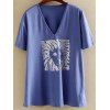 Fashion V-cou à manches courtes Plus Size Hot Platinum T-shirt pour les femmes - Bleu 2XL