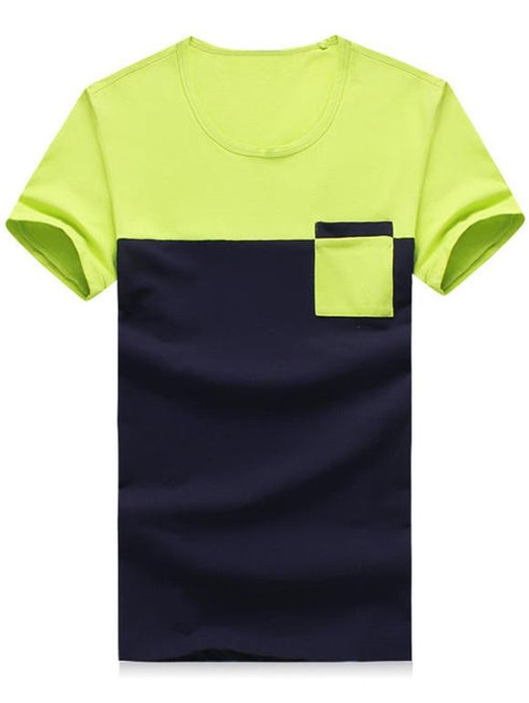 Men's Plus Size Round Neck Color Block Pocket Short Sleeve T-Shirt - Vert Fluorescent 2XL