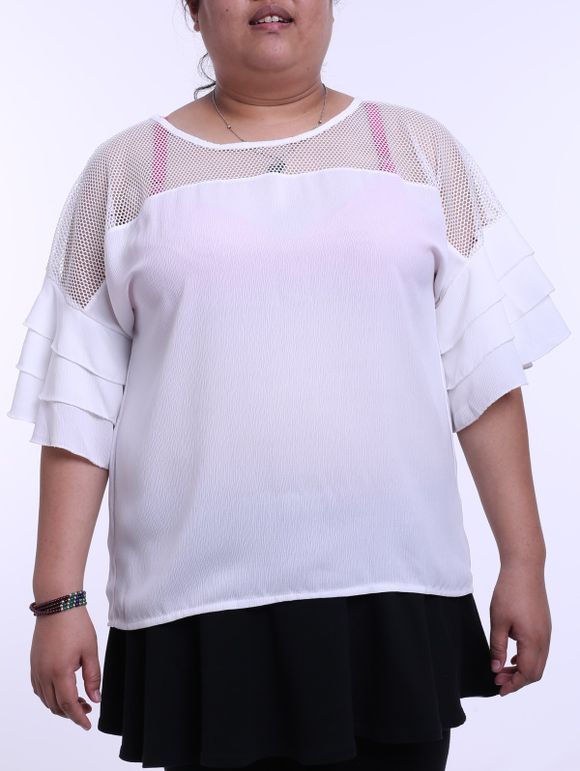 Mignon Plus Size évider FlounceSpliced ​​Couleur T-shirt solide pour les femmes - Blanc 4XL