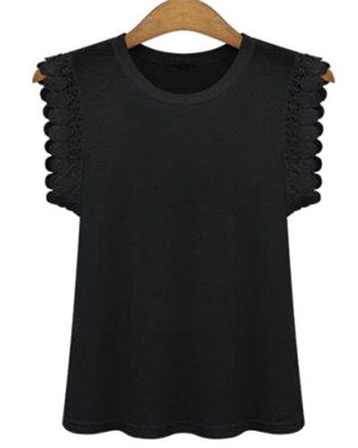 Stylish Round Neck Crochet Trim Sleeveless Solid Color Women's T-Shirt - Noir XL