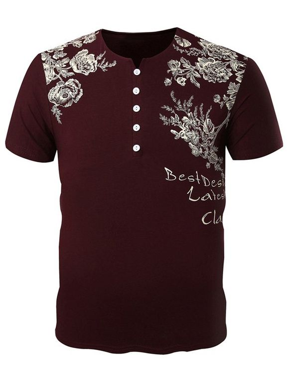T-Shirt Vente Hot Slim Fit V-Neck Floral impression à manches courtes hommes s ' - Rouge vineux L