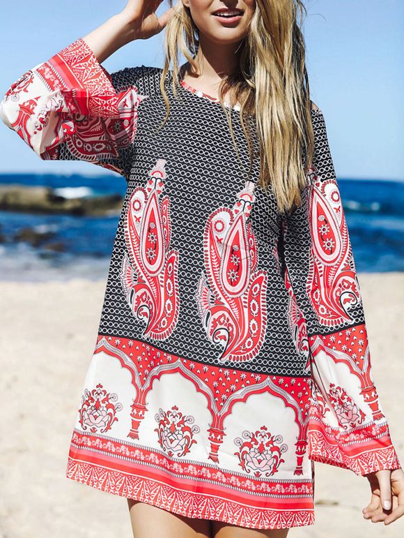Robe tunique imprimée avec manches longues - multicolore L