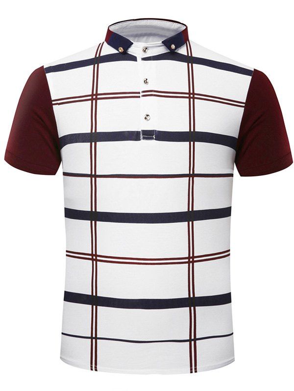 

Fashion Turn-Down Collar Plaid Print Short Sleeve Men's T-Shirt, Wine red