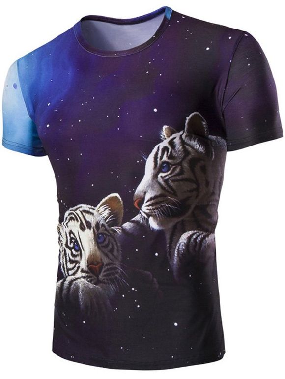 Men 's  3D Tiger et Sky Imprimer col rond T-shirt manches courtes - multicolore M
