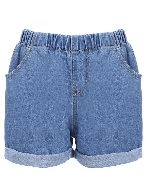 Trendy Elastic Waist Hemming Pocket Design Women's Shorts - Bleu clair L