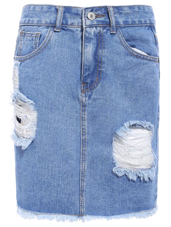 Fashionable Broken Hole Fringed Pocket Design Women's Denim Skirt - Bleu clair M