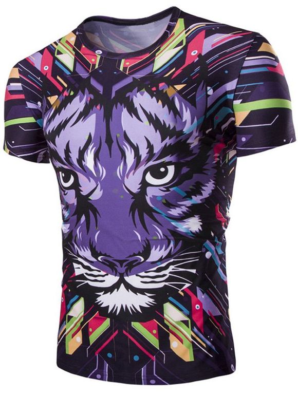 Men 's  3D Tiger Imprimer Corol col rond T-shirt manches courtes - multicolore M
