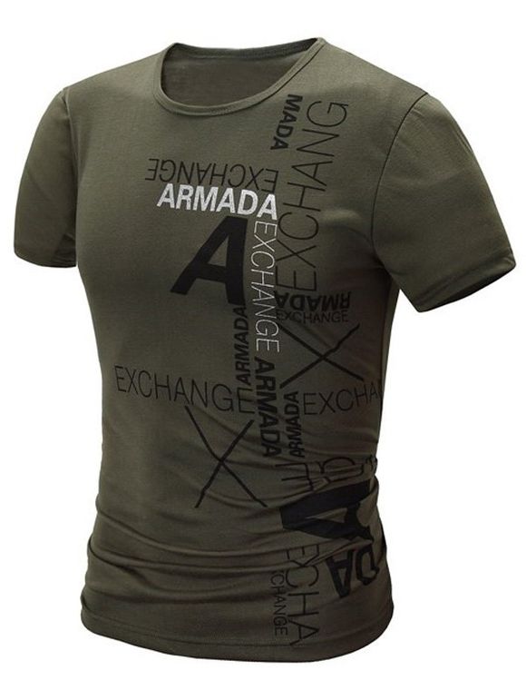 T-shirt élégant col rond Lettre Imprimer manches courtes hommes  's - Vert Armée L