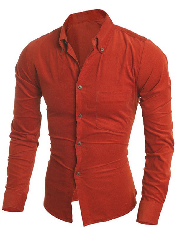 

Turn-Down Collar Slimming Long Sleeve Button-Down Corduroy Men's Shirt, Dark red