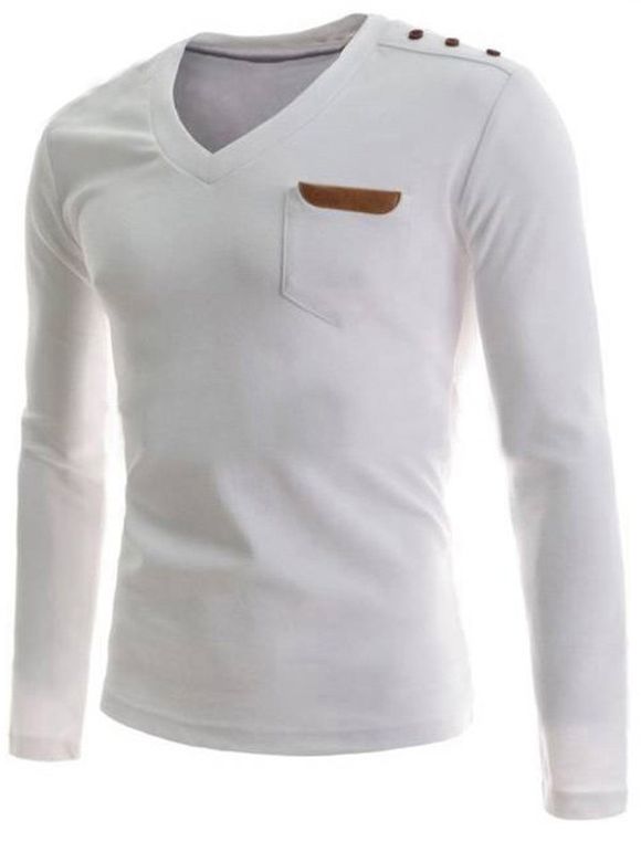 T-Shirt Manches Longues avec Col en V Orné de Boutons avec Bordure en Cuir PU pour Hommes - Blanc XL