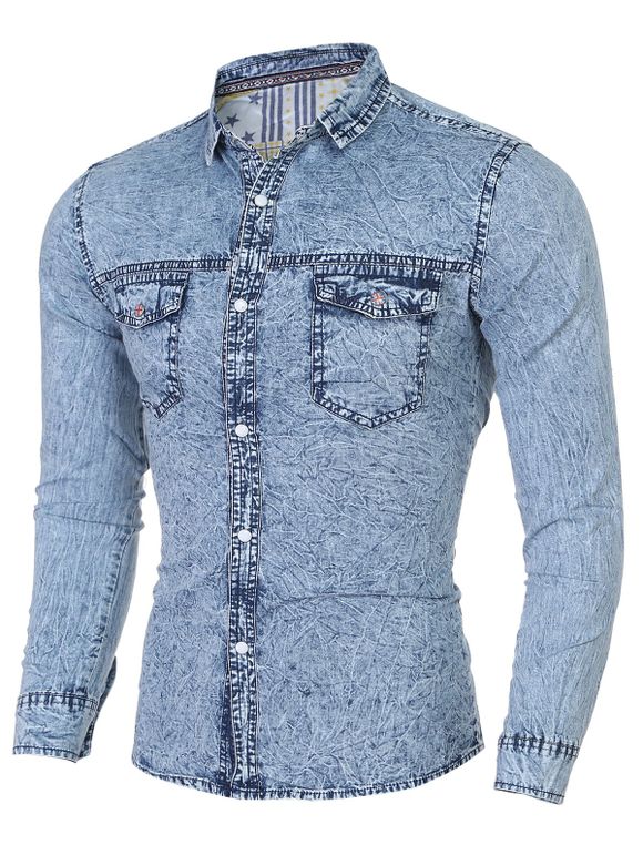 Mode Turn-Bas Col Etoiles Imprimer manches longues Chemise en jean pour les hommes - Bleu clair XL