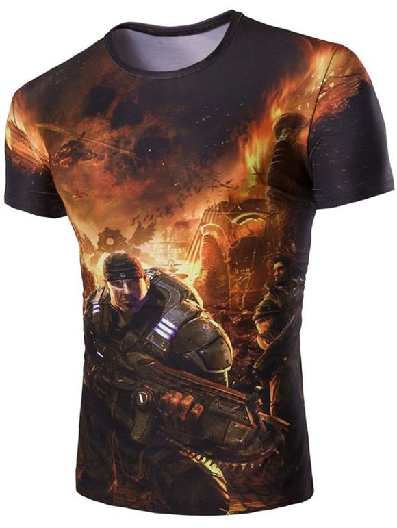 Men 's  3D Soldier and Fire Imprimer col rond T-shirt manches courtes - Vert M