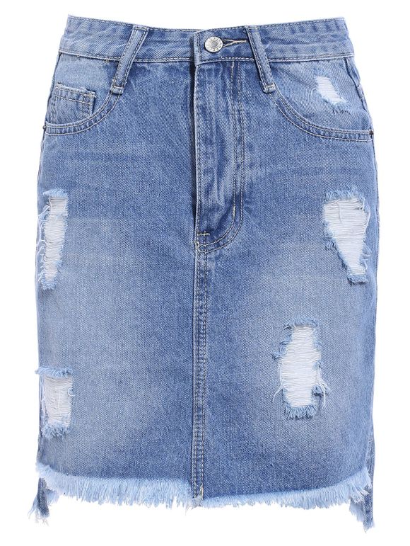 Chic Broken Hole Fringed Pocket Design Asymmetrical Women's Skirt - Bleu clair M