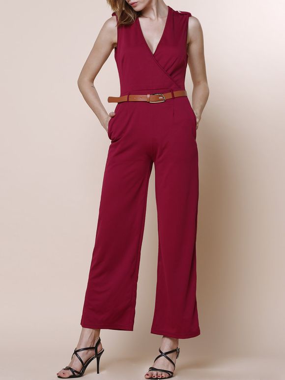 V-Neck manches pure Jumpsuit couleur pour les femmes - Rouge S