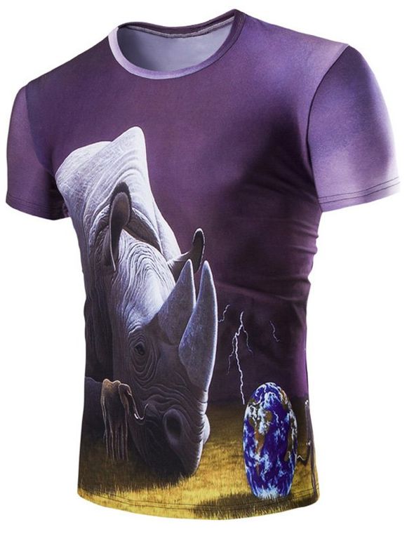 Résumé 3D Rhinoceros Imprimer col rond T-shirt Men 's  manches courtes - multicolore L