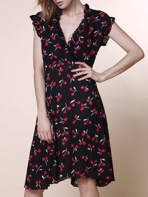 Graceful Sleeveless V-Neck Chiffon Tiny Cherry Print Dress For Women - Noir XL