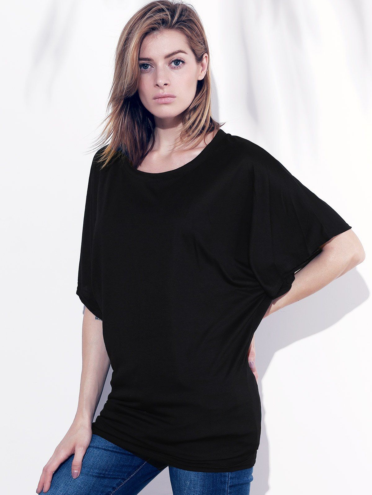 Stylish Boat Neck Short Sleeve Solid Color Women's T-Shirt, BLACK, XL ...