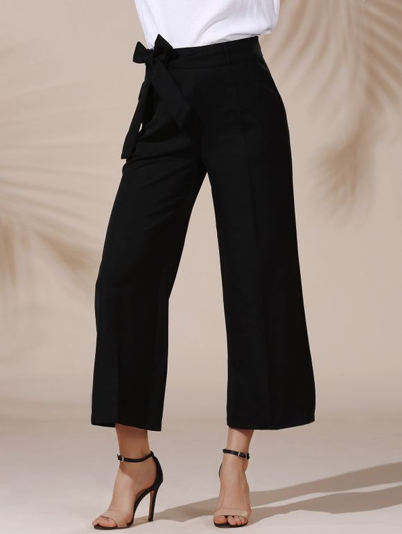 Pantalon Ample Longueur Cheville à Taille Mi-haute à Ceinture Nouée Pour Femme - Noir XL