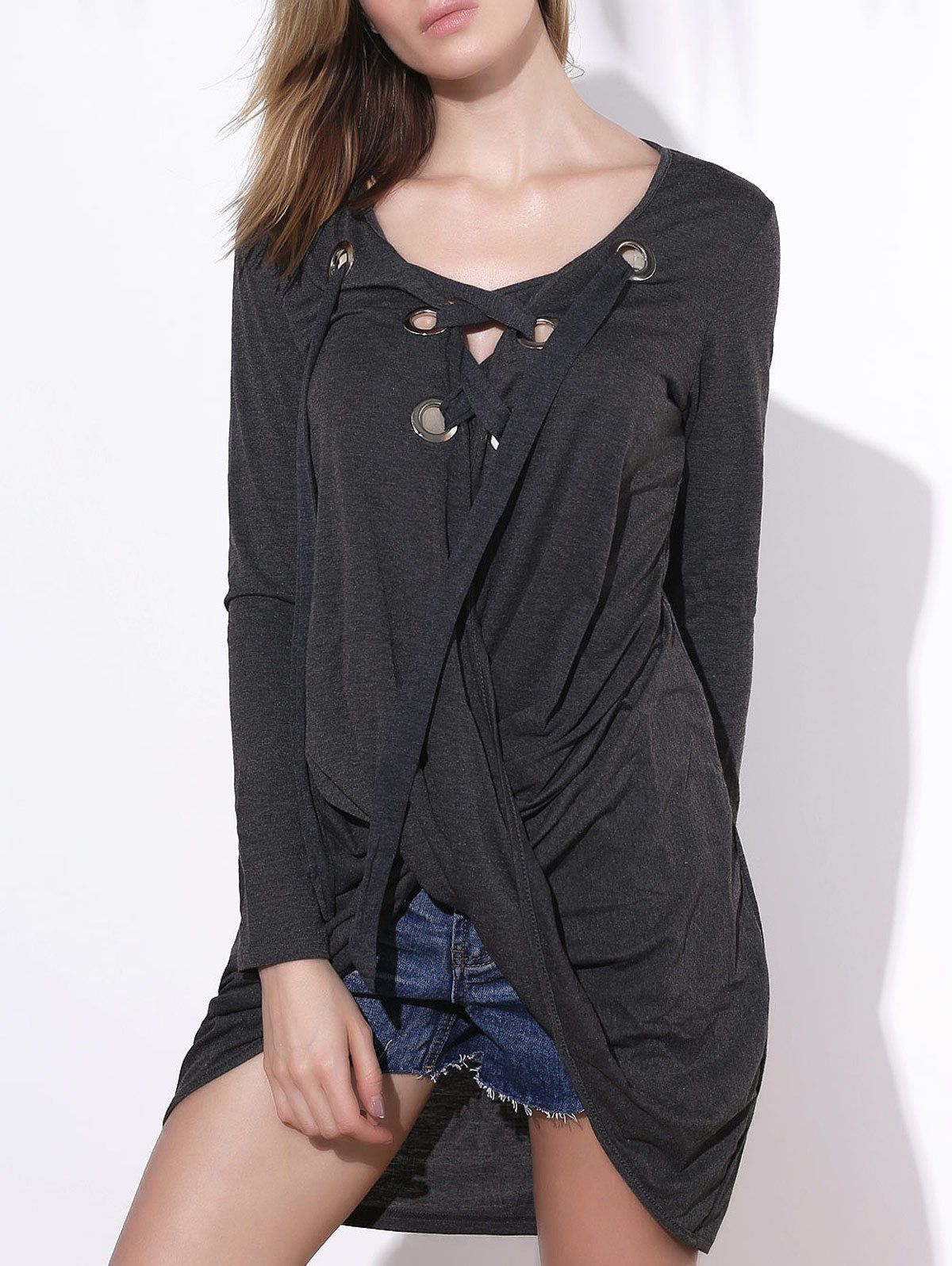 Stylish V-Neck Long Sleeve Asymmetrical Women's T-Shirt - GRAY ONE SIZE(FIT SIZE XS TO M)