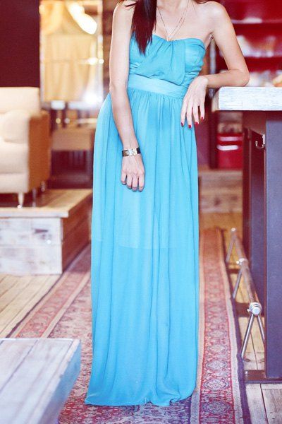 

Trendy Light Blue Strapless Pleated Dress For Women