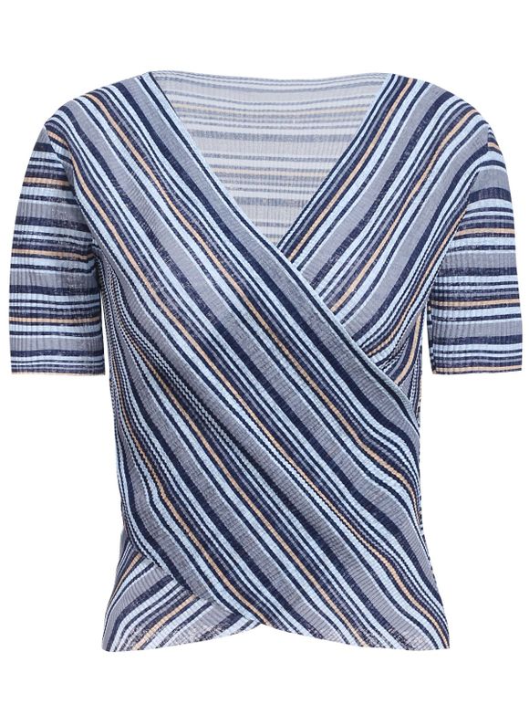 Striped Trendy col V à manches courtes T-shirt pour les femmes - multicolore ONE SIZE(FIT SIZE XS TO M)