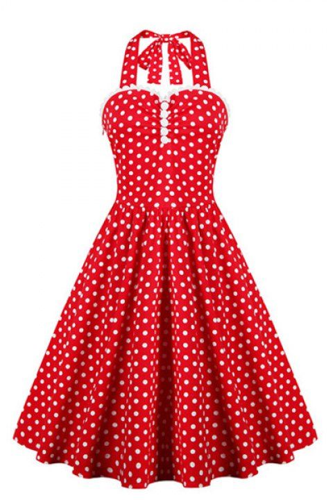 [17 Off] 2019 Retro Style Women S Ruffled Polka Dot Halter Dress In Red Dresslily