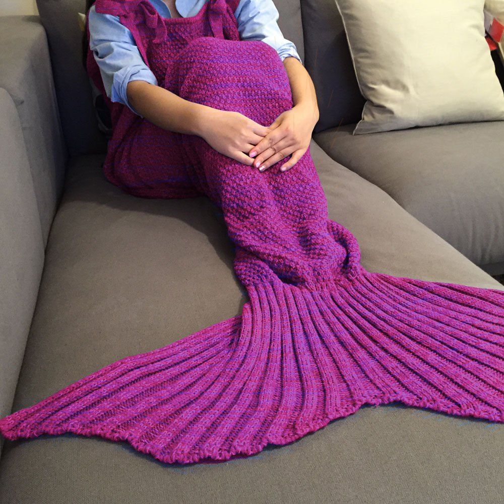 

High Quality Drawstring Style Knitted Mermaid Design Sleeping Bag Blanket, Purplish red