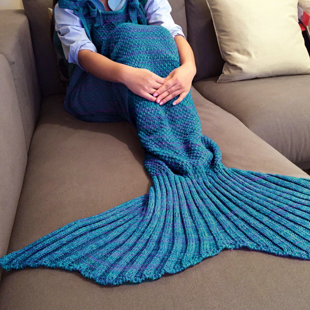 

High Quality Drawstring Style Knitted Mermaid Design Sleeping Bag Blanket, Blue and red
