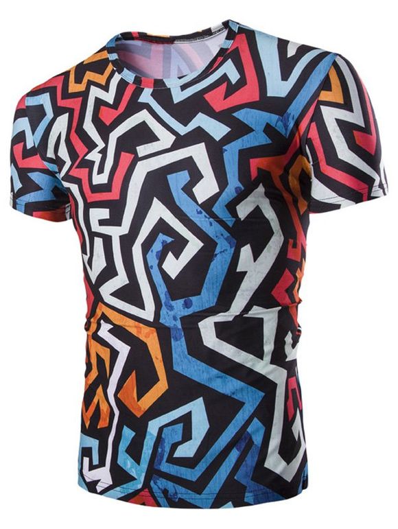 Men 's  3D Irrégularité imprimé géométrique col rond T-shirt manches courtes - multicolore M
