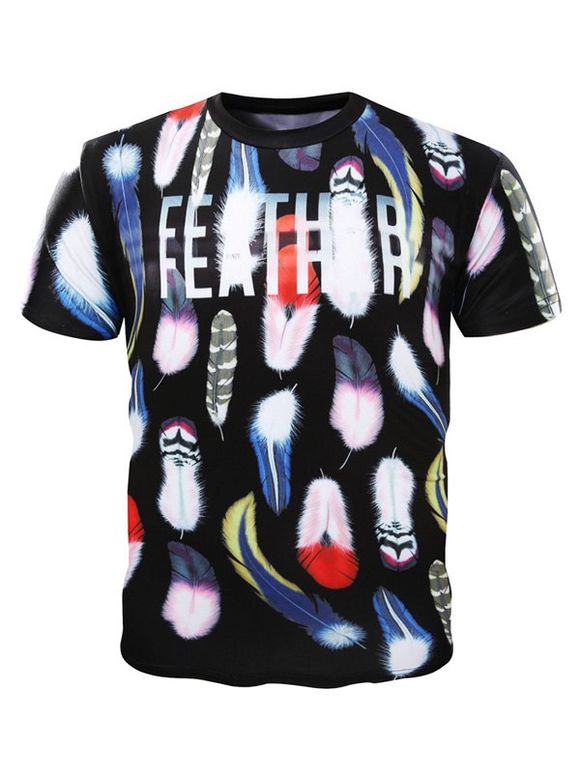 T-shirt Pull Feather Imprimé col rond Men 's - Noir 2XL
