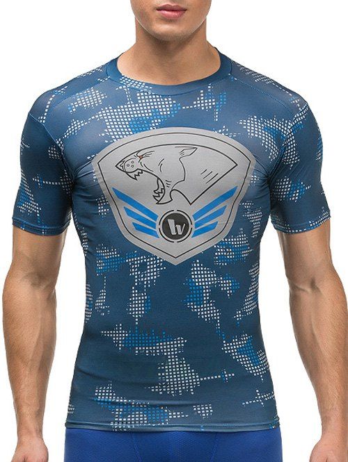 Round Neck Short Sleeve Quick-Dry Fitted Badge Print Men's Training T-Shirt - Bleu XL