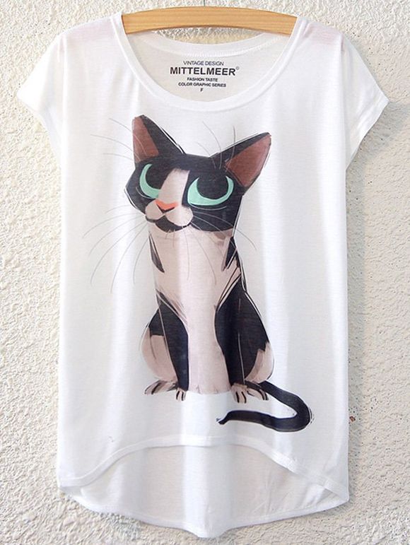 Motif Kitten Chic manches courtes T-shirt pour les femmes - Blanc ONE SIZE(FIT SIZE XS TO M)
