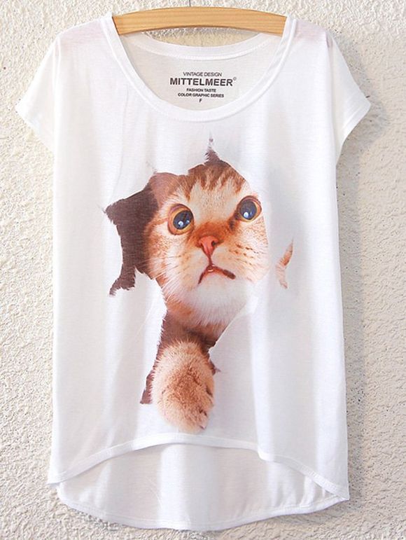 Motif Cat Chic manches courtes T-shirt pour les femmes - Blanc ONE SIZE(FIT SIZE XS TO M)