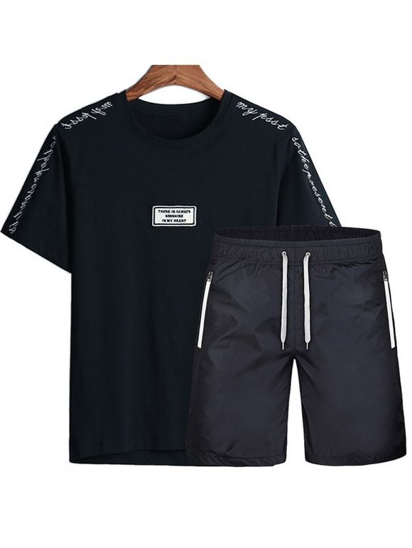 Lettres brodé Applique col rond manches courtes hommes s ' Sport Suit (T-Shirt + Shorts) - Noir XL
