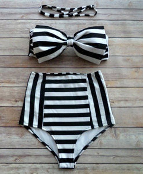 Striped bowknot taille haute Bikini Set de femmes à la mode - Blanc et Noir L
