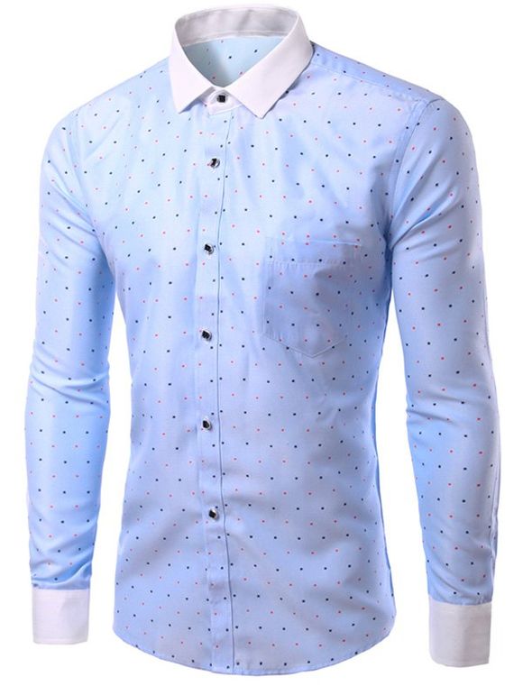 Men 's  Fashion Turn Down Collar Shirt Ploka Dot Printing - Bleu clair M