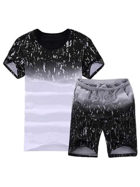 Color Block Spliced Splash-Ink Print Round Neck Short Sleeve Men's Sport Suit ( T-Shirt + Shorts ) - Noir L