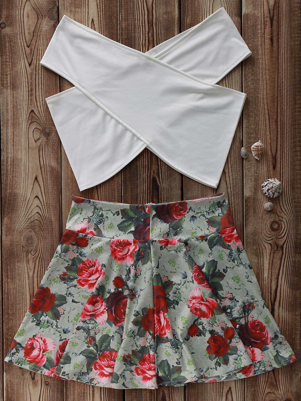 

Stylish White Cross Crop Top and Floral A Line Skirt Women's Suit, Colormix