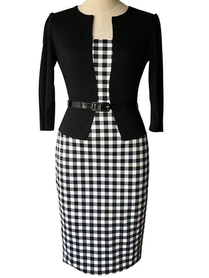 

Plaid Bodycon Dress with Belt, White and black