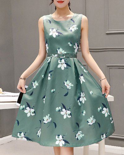 Sweet Style Sleeveless Round Neck Floral Print Zippered Women's Dress - Vert S