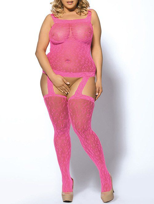 Plus Size manches Séduisante U-Neck Mesh See-Through de Slimming Crochet Femmes  Teddy - Rose clair XL