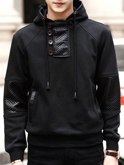 Men's Double Breasted Pocket PU Leather Hooded Long Sleeve Hoodie - Noir M