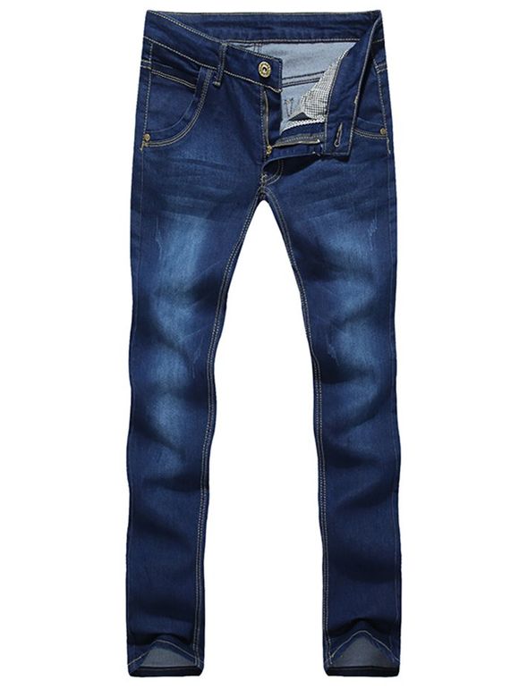 Zipper Fly Edging Design Bleach Wash Narrow Feet Slimming Men's Jeans - Bleu 32