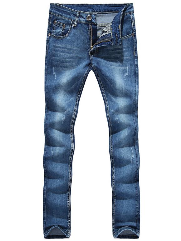 Zipper Fly Cat's Whisker Bleach Wash Embroidered Narrow Feet Slimming Men's Jeans - Bleu 30