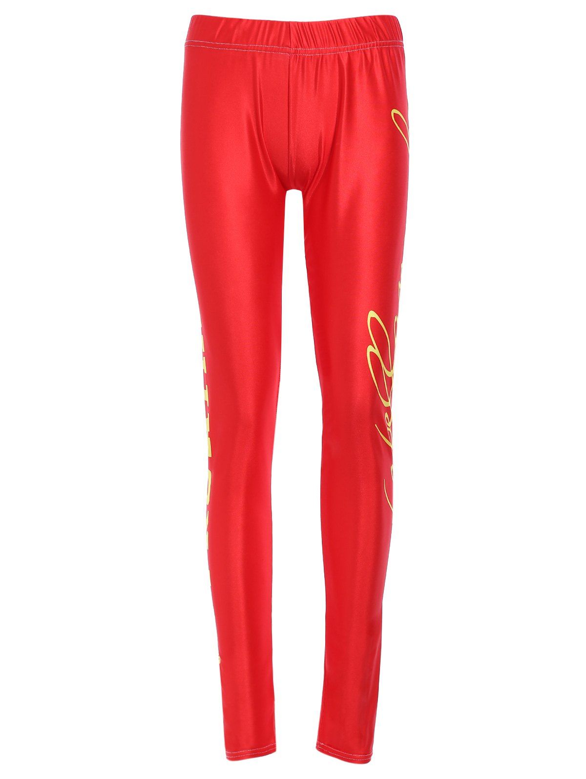 

Sports Elastic Waist High-Waisted Bodycon Letter Print Women's Leggings, Red