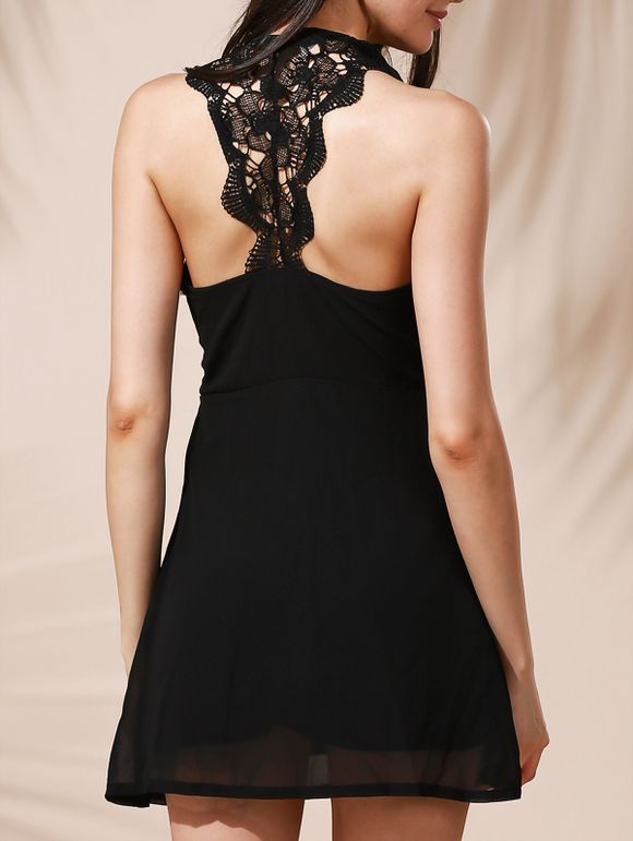 Stylish Women's Scoop Neck Sleeveless Crochet Back A-Line Dress - Noir L